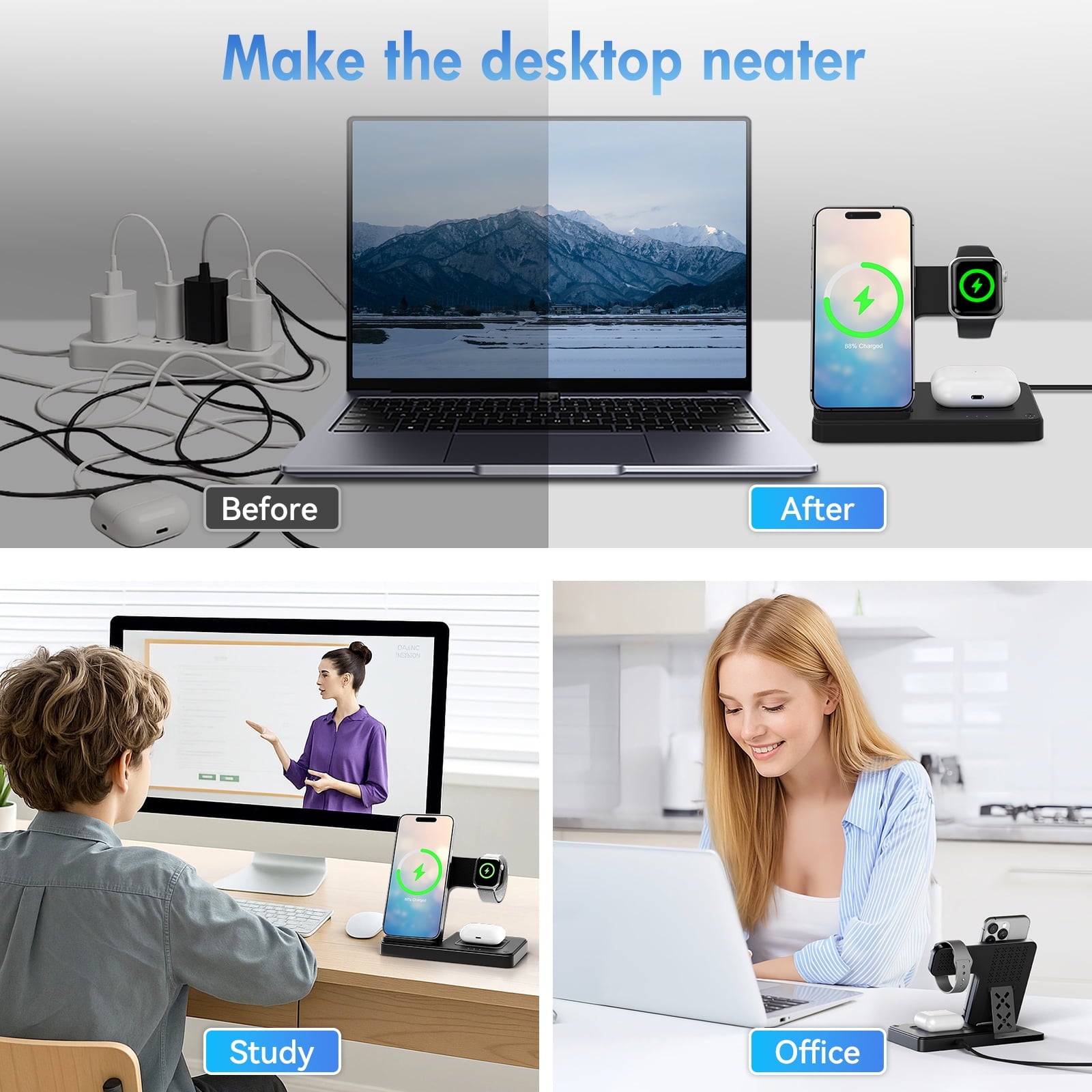 Wireless Charger, Magnetic Fast Charging Stand Compatible with iPhone 16, 15, 14, 13, 12, 11 Pro Max plus, XS, XR, X, 8, for Apple Watch 9, 8, 7, 6, 5, 4, 3, 2 SE, for Airpods 3, 2 Pro
