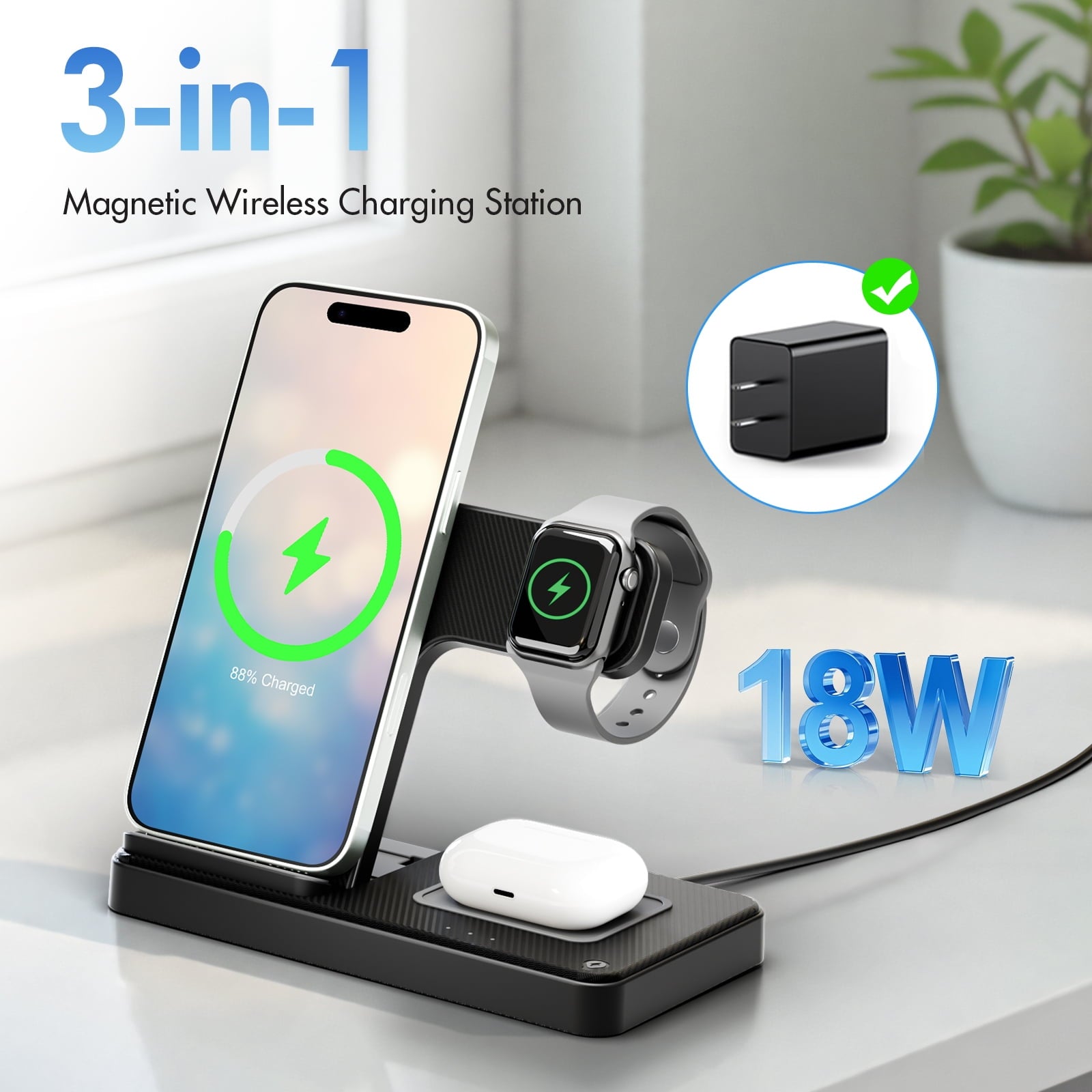 Wireless Charger, Magnetic Fast Charging Stand Compatible with iPhone 16, 15, 14, 13, 12, 11 Pro Max plus, XS, XR, X, 8, for Apple Watch 9, 8, 7, 6, 5, 4, 3, 2 SE, for Airpods 3, 2 Pro